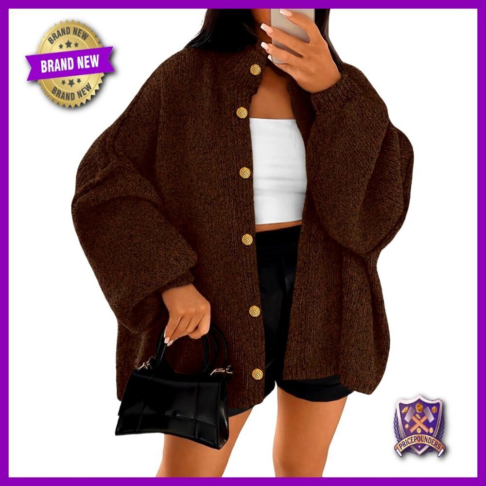 Oversized Chunky Knit Cardigan Lantern Sleeve Button Down Cozy Layering Sweater